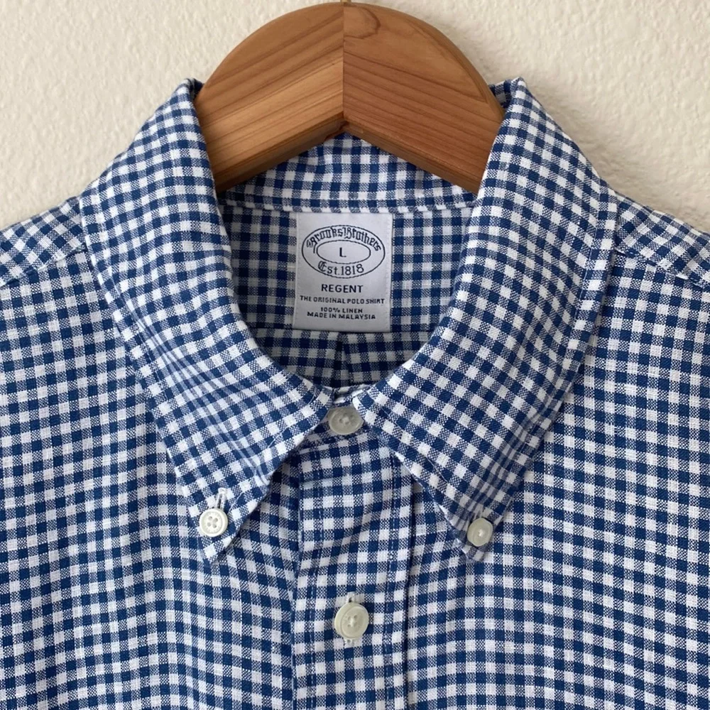 Brooks Brothers Regent Fit Men’s Shirt L 100%Linen White&Blue Plaid ButtonDown - Picture 3 of 9